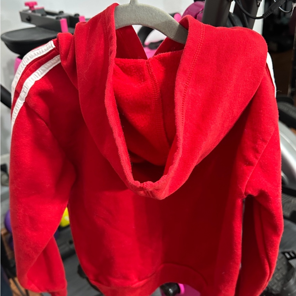 adidas Red Kids Hoodie with White 3-Stripe Detail - Picture 2 of 5